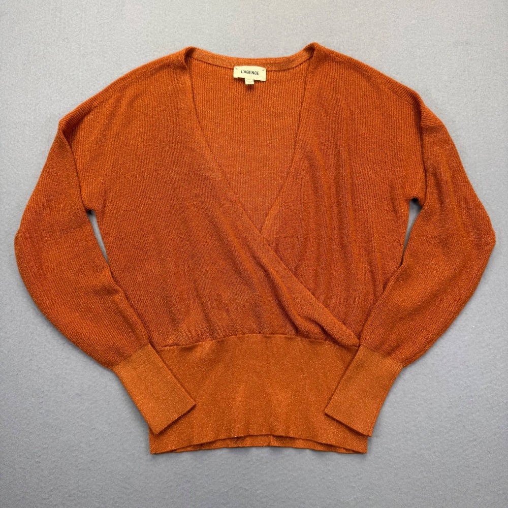 L'AGENCE Women XS Rust Orange Metallic Surplice V-Neck Knit‎ Sweater 8500RKP